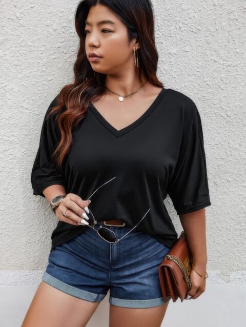 Plus Size Solid Drop Shoulder Short Sleeve Shirt