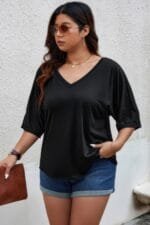 Plus Size Solid Drop Shoulder Short Sleeve Shirt