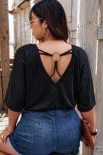 Plus Batwing Short Sleeve Lace V Neck Blouse