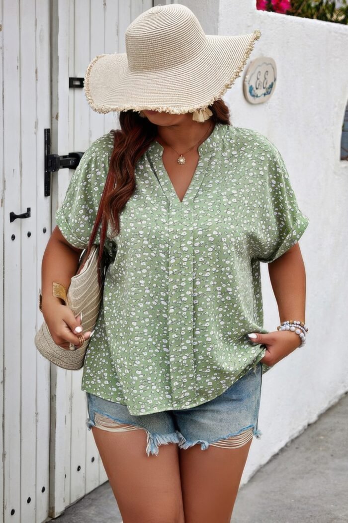 Plus floral print v neck short sleeve loose blouse - image 3