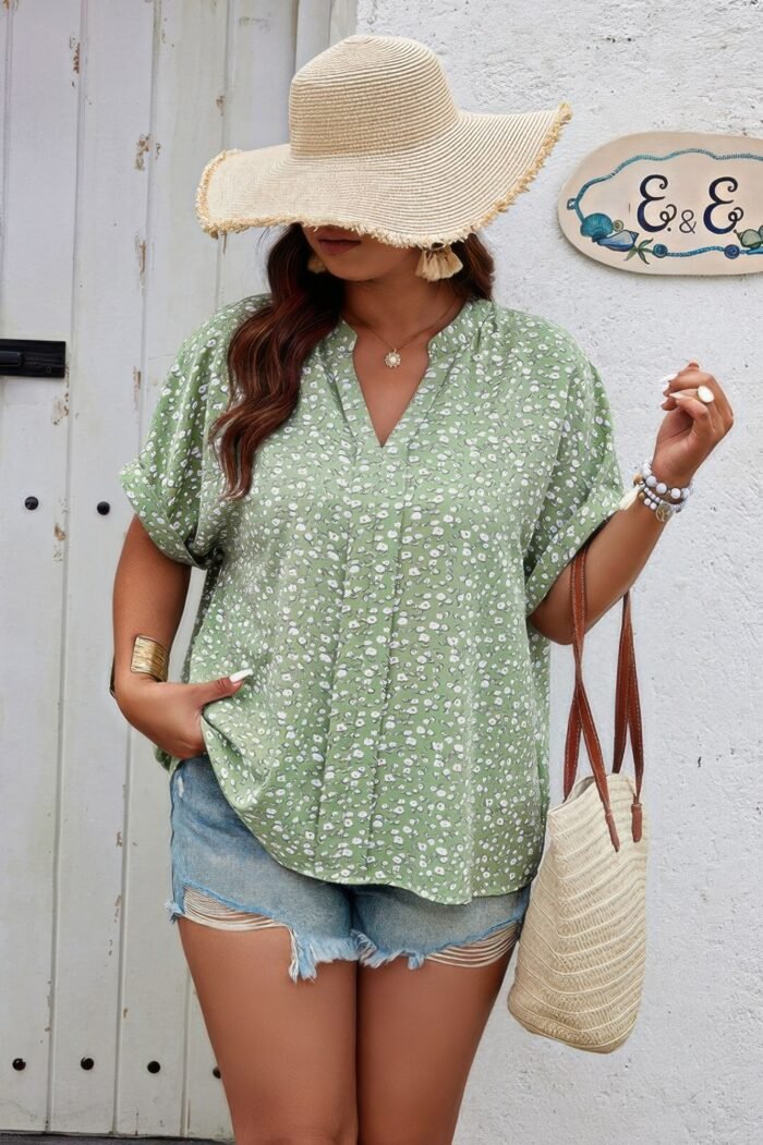 Plus floral print v neck short sleeve loose blouse - image 4