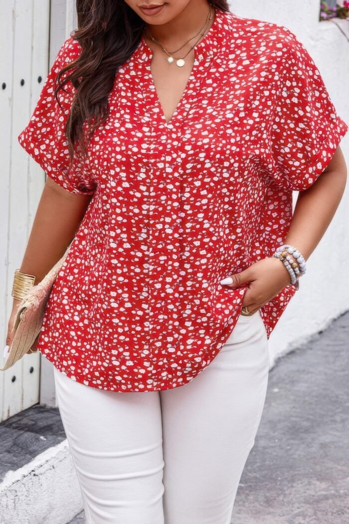 Plus floral print v neck short sleeve loose blouse - image 6
