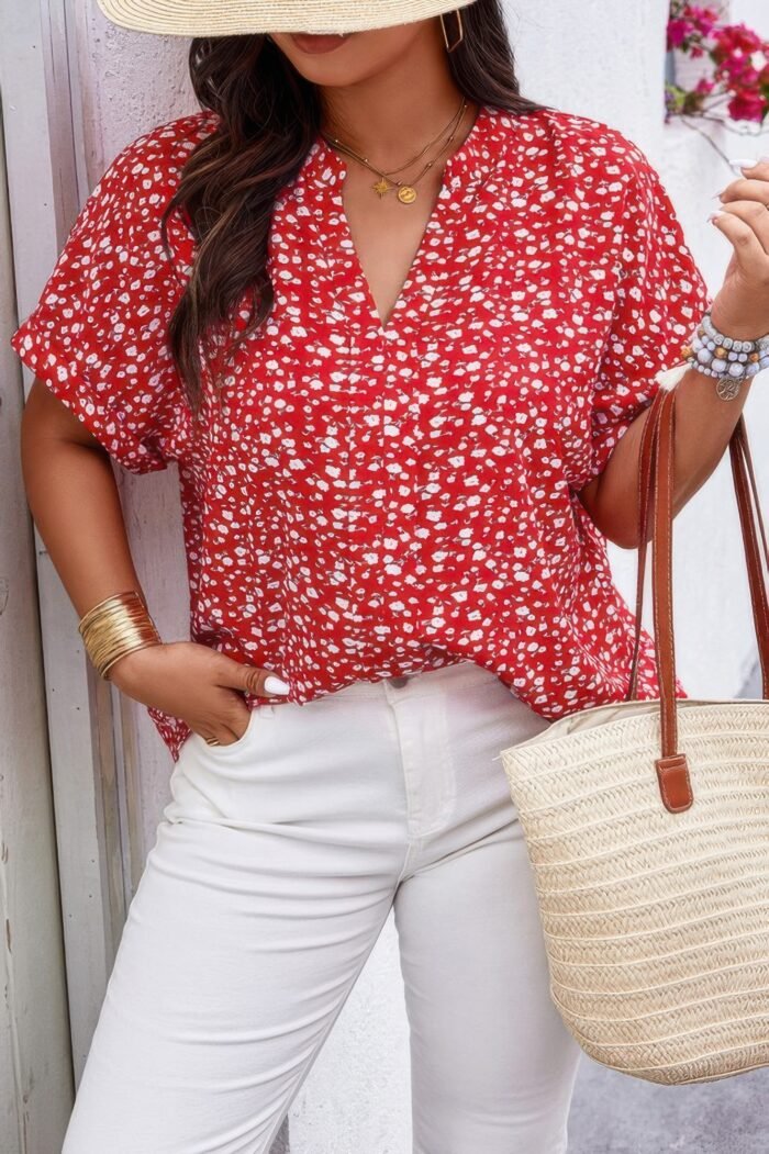Plus floral print v neck short sleeve loose blouse - image 7