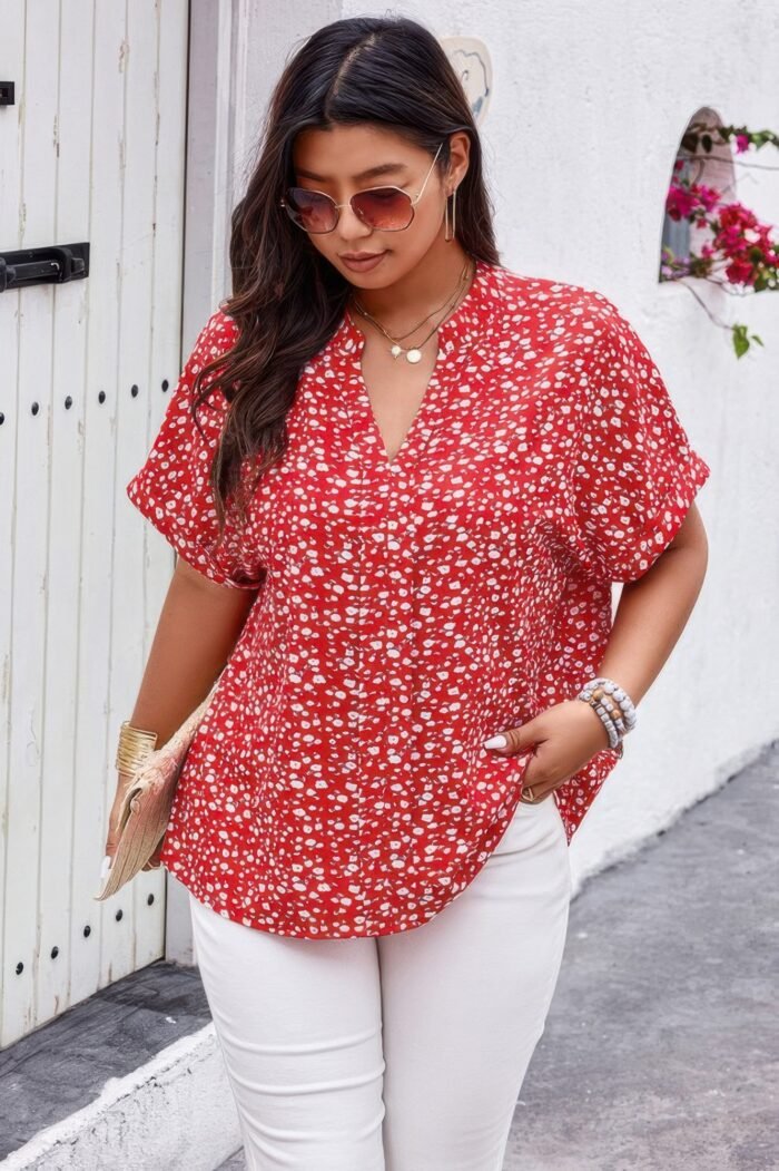Plus floral print v neck short sleeve loose blouse - image 8