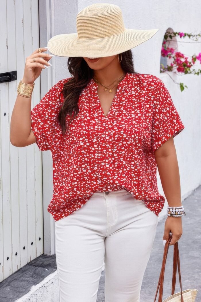 Plus floral print v neck short sleeve loose blouse - image 9