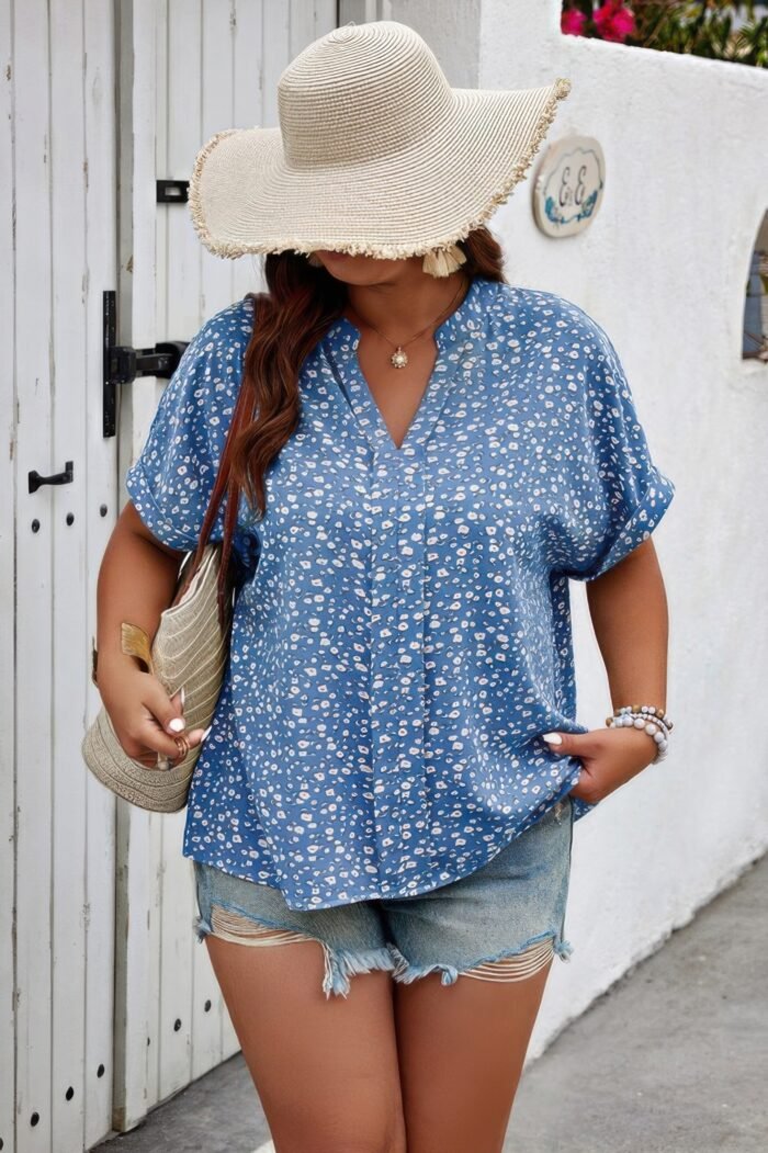 Plus size floral print v neck short sleeve blouse - image 3