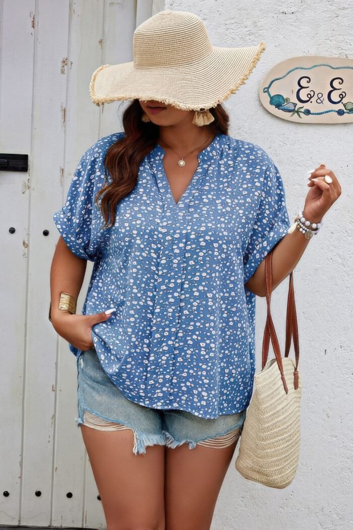 Plus size floral print v neck short sleeve blouse - image 4