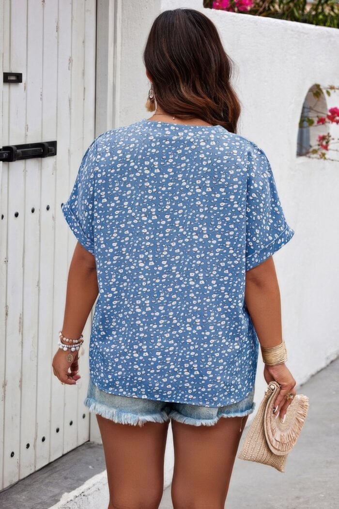 Plus size floral print v neck short sleeve blouse - image 5