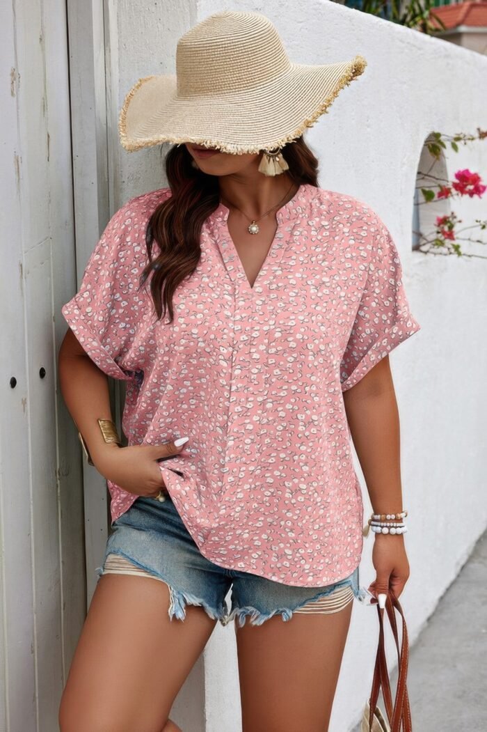 Plus size floral print v neck short sleeve blouse - image 7