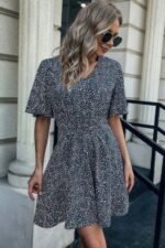 Allover Print V Neck Flounce Sleeve Fit Dress