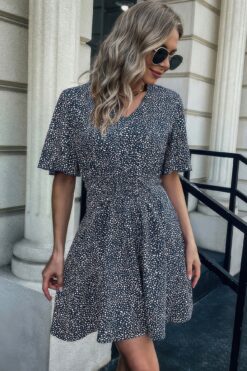 Allover Print V Neck Flounce Sleeve Fit Dress