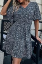 Allover Print V Neck Flounce Sleeve Fit Dress - Image 3