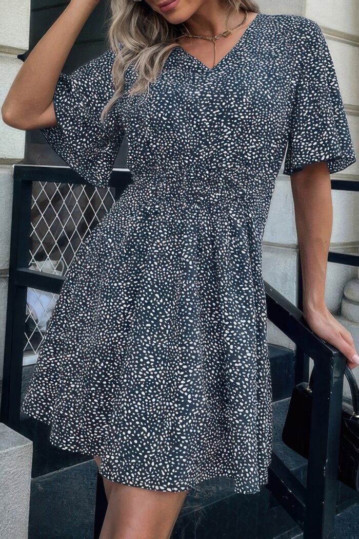 Allover print v neck flounce sleeve fit dress - image 3