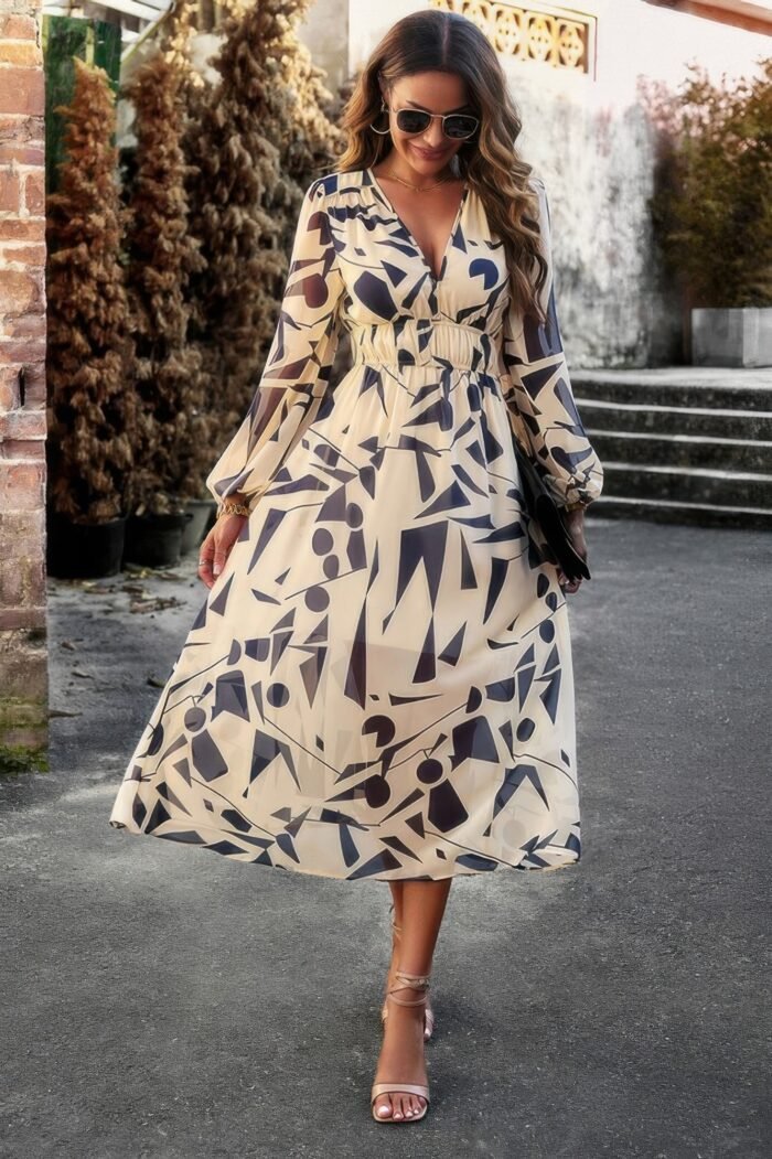 Boho v neck a line high waist long sleeve dress - image 1