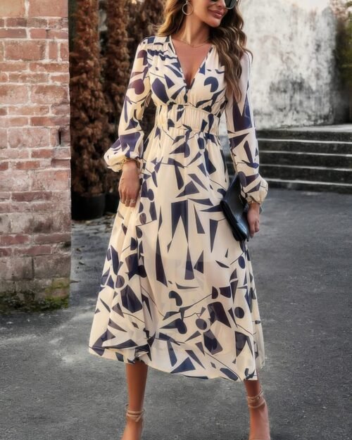 boho v neck a line high waist long sleeve dress