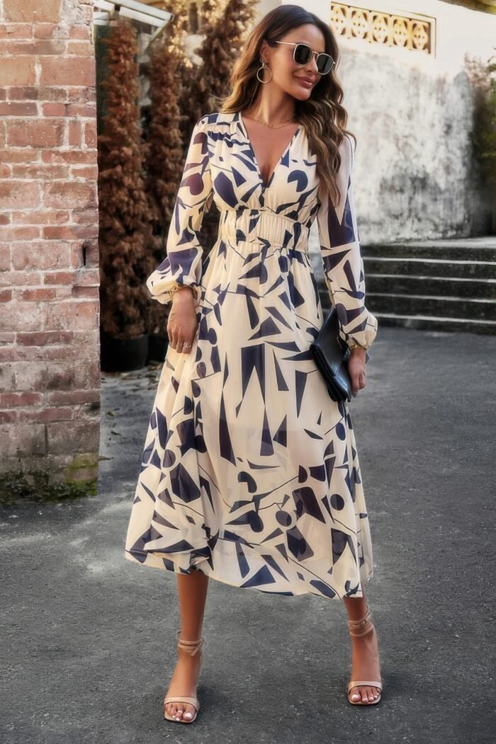 Boho v neck a line high waist long sleeve dress - image 2