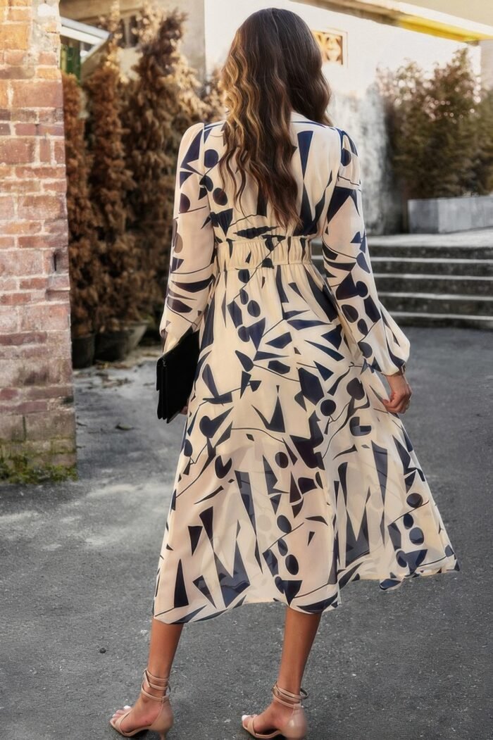 Boho v neck a line high waist long sleeve dress - image 3
