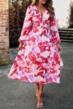 Boho V Neck A Line High Waist Long Sleeve Dress - Image 4
