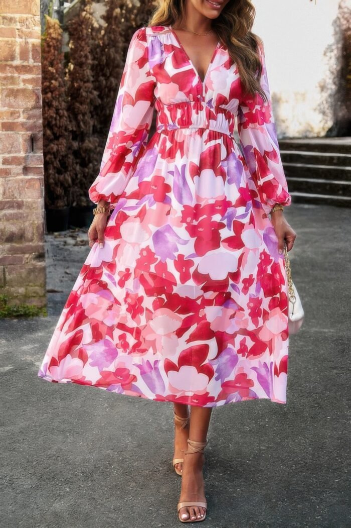 Boho v neck a line high waist long sleeve dress - image 4