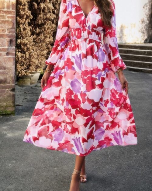 boho v neck a line high waist long sleeve dress