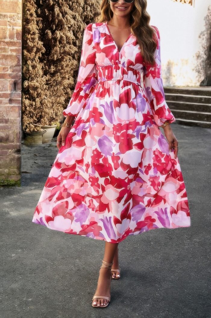 Boho v neck a line high waist long sleeve dress - image 5