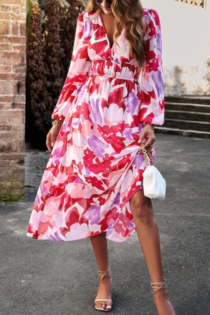 Boho v neck a line high waist long sleeve dress - image 6