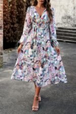 Boho V Neck A Line High Waist Long Sleeve Dress - Image 7