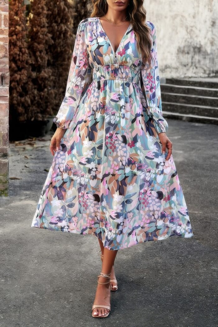 Boho v neck a line high waist long sleeve dress - image 7