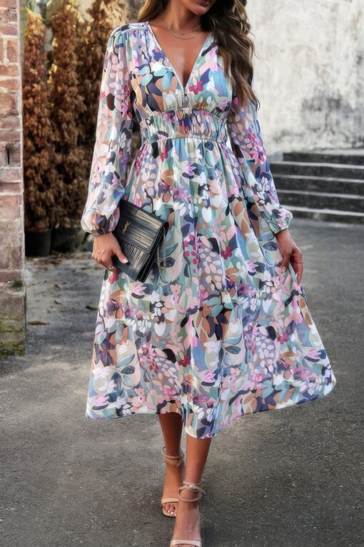 Boho V Neck A Line High Waist Long Sleeve Dress - Image 8