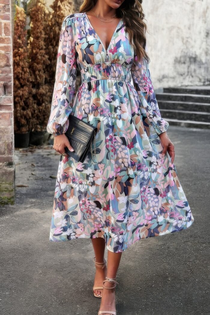 Boho v neck a line high waist long sleeve dress - image 8