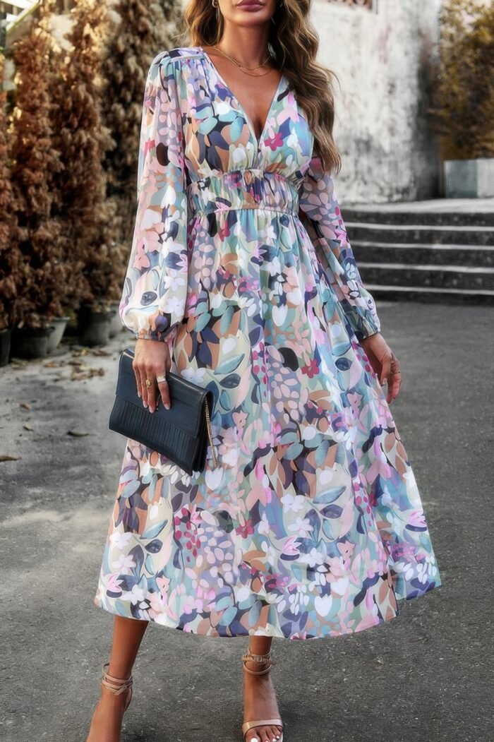 Boho v neck a line high waist long sleeve dress - image 9