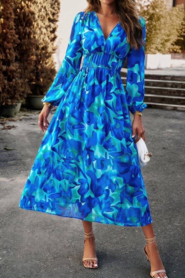 Boho v neck a line high waist long sleeve dress - image 10