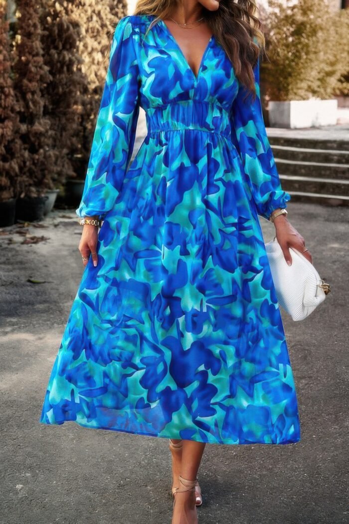 Boho v neck a line high waist long sleeve dress - image 11