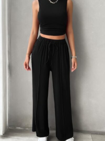 Solid Round Neck Sleeveless Drawstring Pockets Set