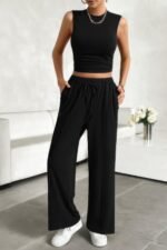 Solid Round Neck Sleeveless Drawstring Pockets Set - Image 3