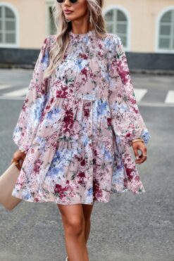 Floral Print Tiered Sleeve Ruffle Hem Smock Dress