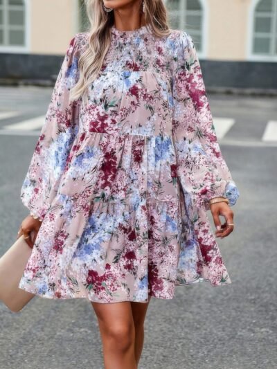 Floral Print Tiered Sleeve Ruffle Hem Smock Dress