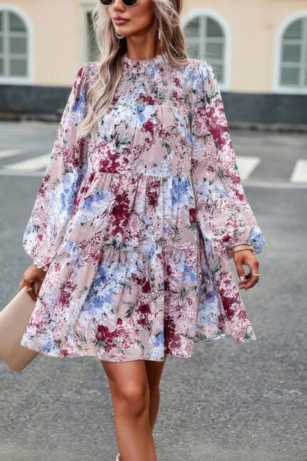 Floral Print Tiered Sleeve Ruffle Hem Smock Dress