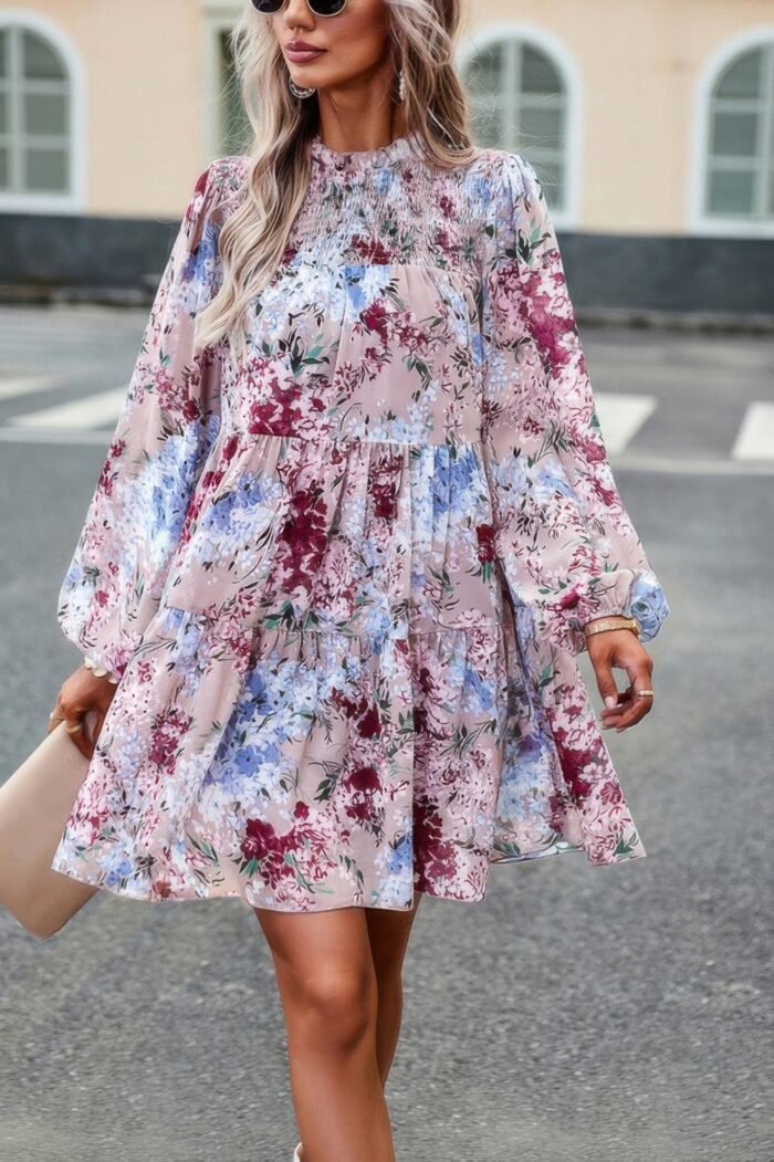 Floral print tiered sleeve ruffle hem smock dress - image 1