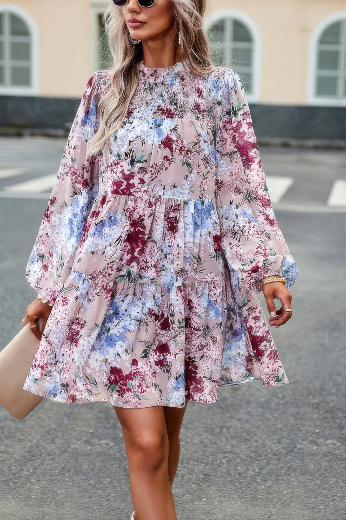 Floral Print Tiered Sleeve Ruffle Hem Smock Dress