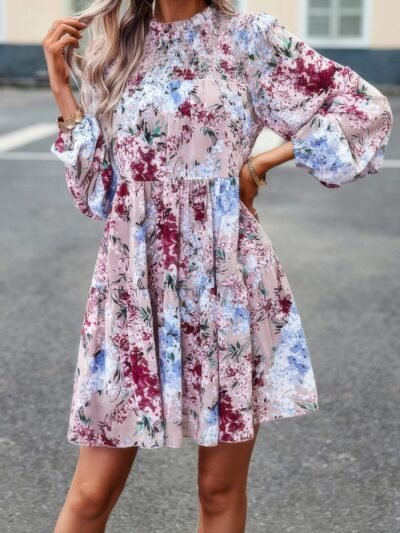 Floral Print Tiered Sleeve Ruffle Hem Smock Dress