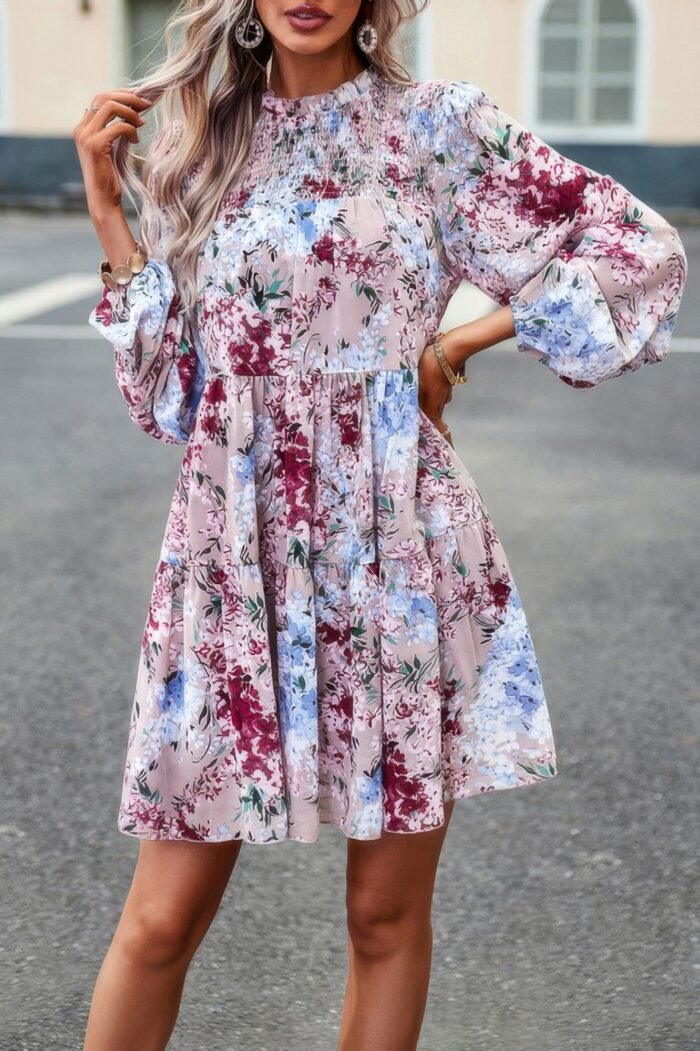 Floral print tiered sleeve ruffle hem smock dress - image 2