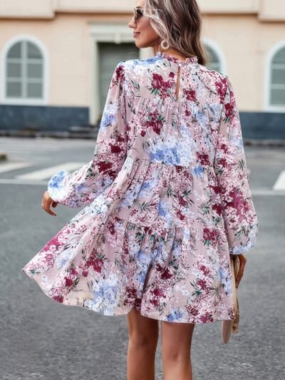 Floral Print Tiered Sleeve Ruffle Hem Smock Dress