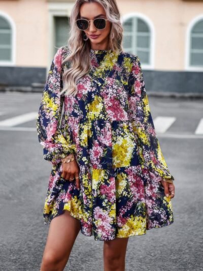 Floral Print Tiered Sleeve Ruffle Hem Smock Dress