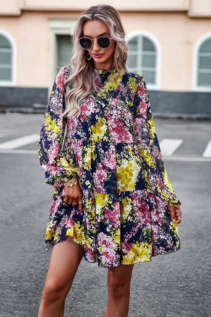 Floral print tiered sleeve ruffle hem smock dress - image 4