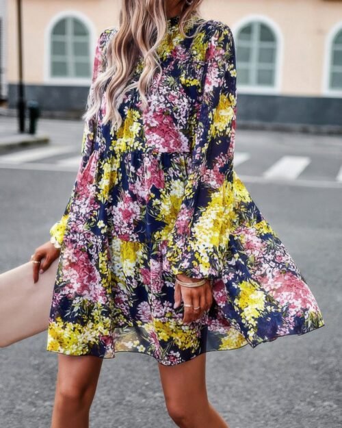 floral print tiered sleeve ruffle hem smock dress