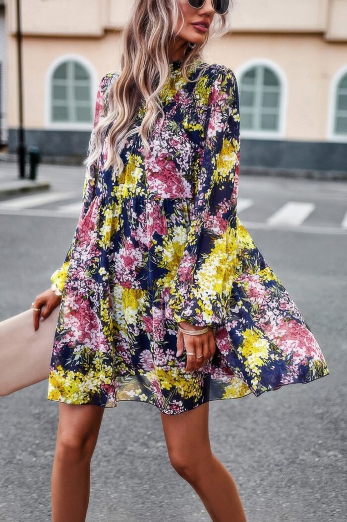 Floral print tiered sleeve ruffle hem smock dress - image 5