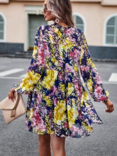 Floral Print Tiered Sleeve Ruffle Hem Smock Dress