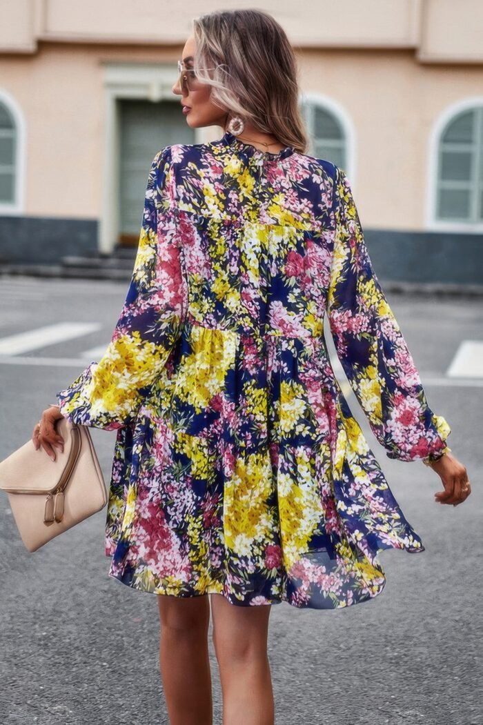 Floral print tiered sleeve ruffle hem smock dress - image 6
