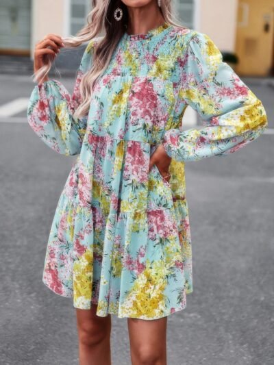 Floral Print Tiered Sleeve Ruffle Hem Smock Dress